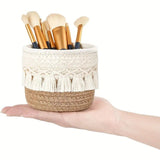 Beige Boho Cotton Rope Tassel Storage Baskets – Set of 2 Round Woven Organizers for Makeup Brushes & Desktop Essentials (12cm Diameter)