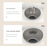 Dark grey Felt Donut Cat Bed with Zipper Tunnel Toy, Double-Layer Pet Cave for Cats, M Size (50x20cm), Cozy Hideaway for Indoor Cats