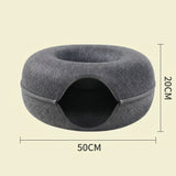 Dark grey Felt Donut Cat Bed with Zipper Tunnel Toy, Double-Layer Pet Cave for Cats, M Size (50x20cm), Cozy Hideaway for Indoor Cats