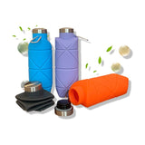 Grey 700ml Collapsible Silicone Water Bottle with Diamond Pattern - Food-Grade Portable Sports Bottle for Hiking, Camping, Travel & Gym - Leak-Proof Foldable Design with Carabiner Clip