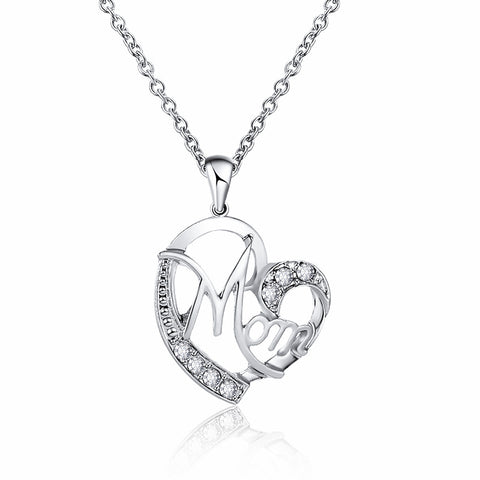 Silver MOM Heart Pendant Necklace with Rhinestones - Adjustable 47+5cm Chain, Lightweight Alloy Jewelry for Mother's Day Gift, Everyday Wear & Special Occasions - Elegant Letter Design for Women