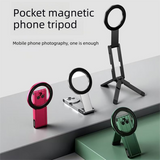 Black Alloy Pocket Magnetic Phone Stand with Desktop Tripod – Multi-Function Foldable Design for Portable Selfie Stick & Hands-Free Shooting – Ideal for Travel, Vlogging, and Daily Use