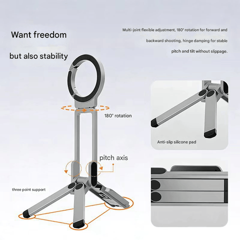 Darrahopens Audio & Video > Projectors & Accessories > Screens & Stands Silver Portable Magnetic Phone Mount with MagLock - Multi-Functional Foldable Tripod Stand for Desktop, Travel & Vlogging, Strong Dual Magnet Design for iPhone & Android