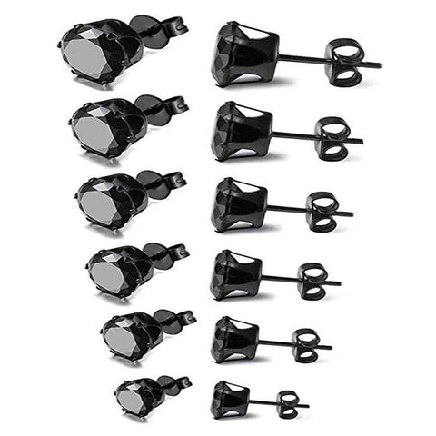 6-Pair Black Stainless Steel Stud Earring Set - Classic 6-Prong Crown Setting with Sparkling Round Cubic Zirconia in Multiple Sizes - Durable Skin-Friendly Jewelry for Daily Wear and Stacking