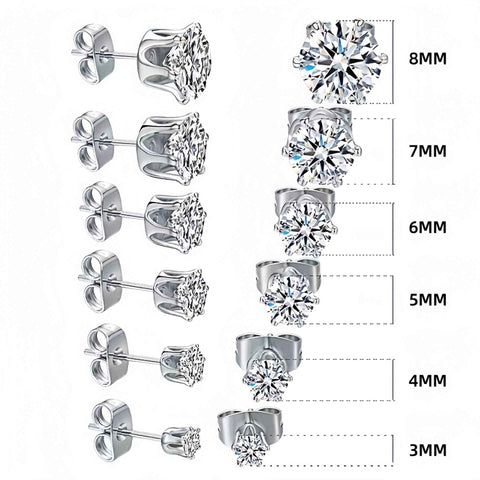 6-Pair Silver Stainless Steel Stud Earring Set - Classic 6-Prong Crown Setting with Sparkling Round Cubic Zirconia in Multiple Sizes - Durable Skin-Friendly Jewelry for Daily Wear and Stacking