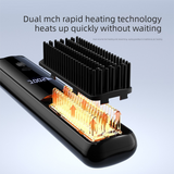 Black Wireless Rechargeable Hair Straightener Brush with LCD Display - USB-C Fast Charging, 3 Heat Settings, Cool Air Function - Portable Ceramic Heating Comb for Travel and Home Use