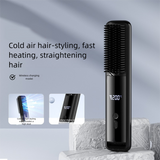 Black Wireless Rechargeable Hair Straightener Brush with LCD Display - USB-C Fast Charging, 3 Heat Settings, Cool Air Function - Portable Ceramic Heating Comb for Travel and Home Use