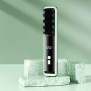 Green Wireless Rechargeable Hair Straightener Brush with LCD Display - USB-C Fast Charging, 3 Heat Settings, Cool Air Function - Portable Ceramic Heating Comb for Travel and Home Use