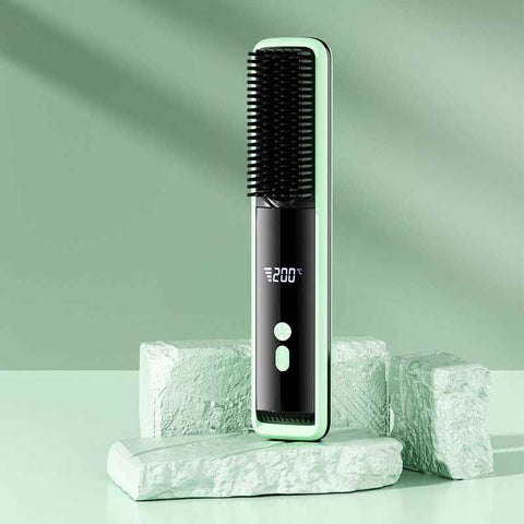 Green Wireless Rechargeable Hair Straightener Brush with LCD Display - USB-C Fast Charging, 3 Heat Settings, Cool Air Function - Portable Ceramic Heating Comb for Travel and Home Use