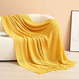 Yellow Elegant Openwork Knitted Throw Blanket with Tassels - 127x180cm Large Decorative Soft Sofa Blanket for Living Room & Bedroom - Breathable Cozy Cover for Travel & Office Nap