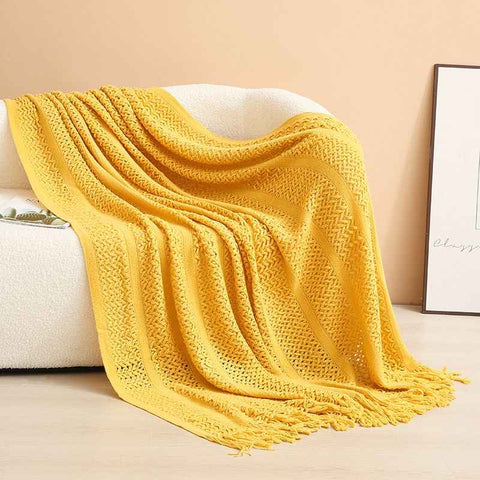 Yellow Elegant Openwork Knitted Throw Blanket with Tassels - 127x180cm Large Decorative Soft Sofa Blanket for Living Room & Bedroom - Breathable Cozy Cover for Travel & Office Nap