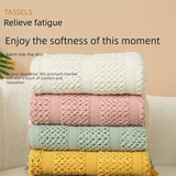 Yellow Elegant Openwork Knitted Throw Blanket with Tassels - 127x180cm Large Decorative Soft Sofa Blanket for Living Room & Bedroom - Breathable Cozy Cover for Travel & Office Nap