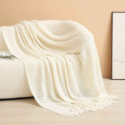 Beige Elegant Openwork Knitted Throw Blanket with Tassels - 130x230cm Large Decorative Soft Sofa Blanket for Living Room & Bedroom - Breathable Cozy Cover for Travel & Office Nap