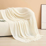Beige Elegant Openwork Knitted Throw Blanket with Tassels - 130x230cm Large Decorative Soft Sofa Blanket for Living Room & Bedroom - Breathable Cozy Cover for Travel & Office Nap