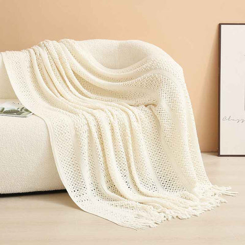 Beige Elegant Openwork Knitted Throw Blanket with Tassels - 130x230cm Large Decorative Soft Sofa Blanket for Living Room & Bedroom - Breathable Cozy Cover for Travel & Office Nap