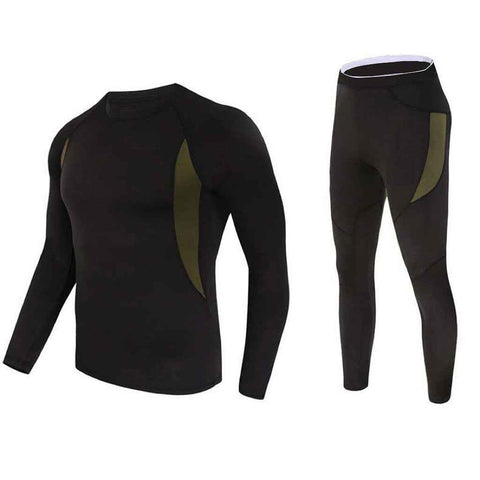 XL Size Black Men's Tactical 4-Way Stretch Fleece Lined Thermal Underwear Set - Winter Sweat-Wicking & Breathable Sportswear for Training & Outdoors