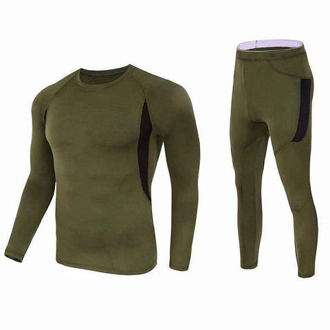 XXL Size Green Men's Tactical 4-Way Stretch Fleece Lined Thermal Underwear Set - Winter Sweat-Wicking & Breathable Sportswear for Training & Outdoors