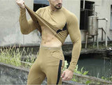 M Size Khaki Men's Tactical 4-Way Stretch Fleece Lined Thermal Underwear Set - Winter Sweat-Wicking & Breathable Sportswear for Training & Outdoors