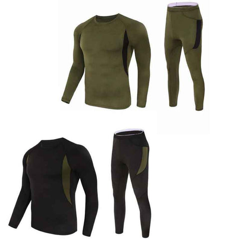 2-Pack L Size Men's Tactical 4-Way Stretch Fleece Lined Thermal Underwear Set(Black + Green) - Winter Sweat-Wicking & Breathable Sportswear for Training & Outdoors