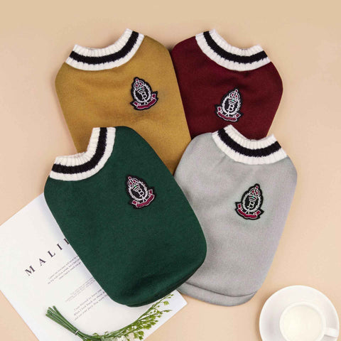 4-Pack S Size Preppy Style V-Neck Knitted Cotton Pet Sweater - Hair-Resistant & Breathable, Classic Fleece-Lined Pullover for Cats and Dogs(Green + Red + Khaki + Grey)