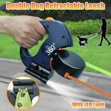 Blue One-to-Two Retractable Dog Leash with One-Click Safety Lock & Night Light - 3M Tangle-Free 360° Rotation Walking Leash