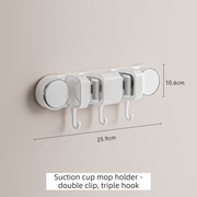 White Vacuum Suction Cup Mop & Broom Holder with 2 Roller Clips + 3 Hooks - Heavy Duty Waterproof Rack for Bathroom & Kitchen