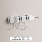 White Vacuum Suction Cup Mop & Broom Holder with 2 Roller Clips + 3 Hooks - Heavy Duty Waterproof Rack for Bathroom & Kitchen
