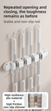 White Vacuum Suction Cup Mop & Broom Holder with 2 Roller Clips + 3 Hooks - Heavy Duty Waterproof Rack for Bathroom & Kitchen