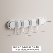 White Vacuum Suction Cup Mop & Broom Holder with 3 Roller Clips + 4 Hooks - Heavy Duty Waterproof Rack for Bathroom & Kitchen
