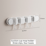 White Vacuum Suction Cup Mop & Broom Holder with 3 Roller Clips + 4 Hooks - Heavy Duty Waterproof Rack for Bathroom & Kitchen