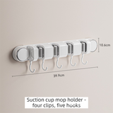 White Vacuum Suction Cup Mop & Broom Holder with 4 Roller Clips + 5 Hooks - Heavy Duty Waterproof Rack for Bathroom & Kitchen