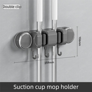 Grey Vacuum Suction Cup Mop & Broom Holder with 2 Roller Clips + 3 Hooks - Heavy Duty Waterproof Rack for Bathroom & Kitchen