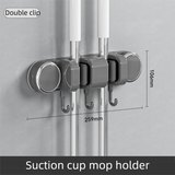 Grey Vacuum Suction Cup Mop & Broom Holder with 2 Roller Clips + 3 Hooks - Heavy Duty Waterproof Rack for Bathroom & Kitchen