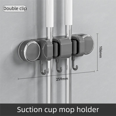Grey Vacuum Suction Cup Mop & Broom Holder with 2 Roller Clips + 3 Hooks - Heavy Duty Waterproof Rack for Bathroom & Kitchen