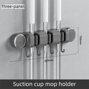 Grey Vacuum Suction Cup Mop & Broom Holder with 3 Roller Clips + 4 Hooks - Heavy Duty Waterproof Rack for Bathroom & Kitchen