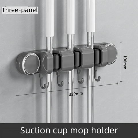 Grey Vacuum Suction Cup Mop & Broom Holder with 3 Roller Clips + 4 Hooks - Heavy Duty Waterproof Rack for Bathroom & Kitchen