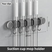 Grey Vacuum Suction Cup Mop & Broom Holder with 4 Roller Clips + 5 Hooks - Heavy Duty Waterproof Rack for Bathroom & Kitchen