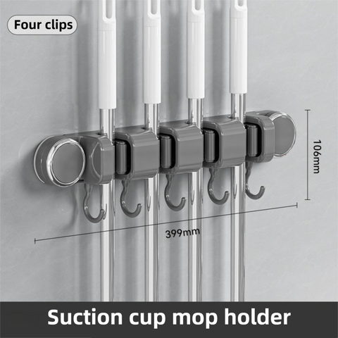 Grey Vacuum Suction Cup Mop & Broom Holder with 4 Roller Clips + 5 Hooks - Heavy Duty Waterproof Rack for Bathroom & Kitchen