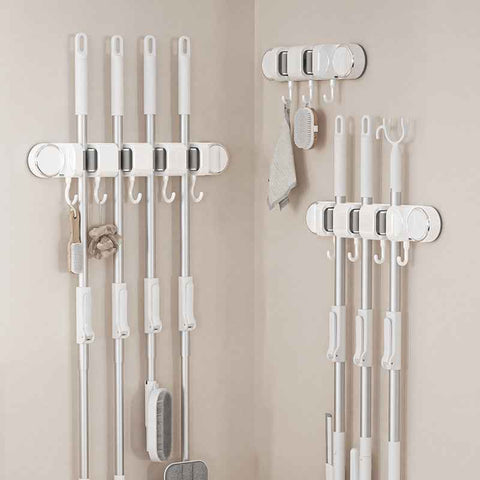 White Vacuum Suction Cup Mop & Broom Storage Rack Combination(3-Size: 2 Clips + 3 Clips + 4 Clips) - Heavy Duty Waterproof Rack for Bathroom & Kitchen