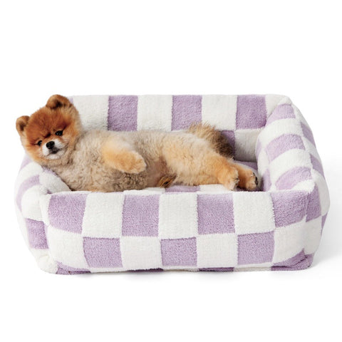 63x53x17 CM Cute Square Plush Pet Bed with Removable Cover & 5 Bolsters Support - Purple Plaid Machine Washable Calming Dog & Cat Sofa