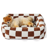 76x60x20 CM Cute Square Plush Pet Bed with Removable Cover & 5 Bolsters Support - Brown Plaid Machine Washable Calming Dog & Cat Sofa