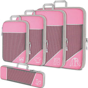 Pink Waterproof Travel Compression Packing Cube Set of 5 Sizes with Carry Handles - 50% Space Saving Breathable Nylon Luggage Organizer