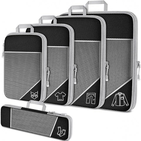 Black Waterproof Travel Compression Packing Cube Set of 5 Sizes with Carry Handles - 50% Space Saving Breathable Nylon Luggage Organizer