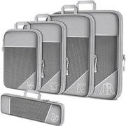 Grey Waterproof Travel Compression Packing Cube Set of 5 Sizes with Carry Handles - 50% Space Saving Breathable Nylon Luggage Organizer