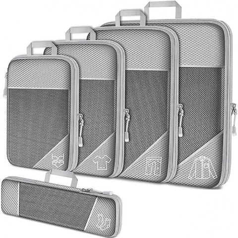 Grey Waterproof Travel Compression Packing Cube Set of 5 Sizes with Carry Handles - 50% Space Saving Breathable Nylon Luggage Organizer