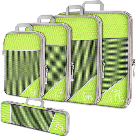 Green Waterproof Travel Compression Packing Cube Set of 5 Sizes with Carry Handles - 50% Space Saving Breathable Nylon Luggage Organizer