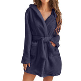 Dark Blue M Size Women's Ultra-Thick Plush Robe with Large Hood & Pockets  - Warm Winter Double-Layer Sherpa Fleece Lounge, Bathrobe & Nightwear