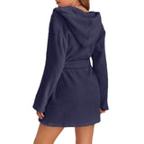 Dark Blue M Size Women's Ultra-Thick Plush Robe with Large Hood & Pockets  - Warm Winter Double-Layer Sherpa Fleece Lounge, Bathrobe & Nightwear