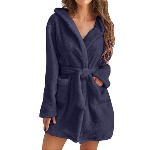Dark Blue 5XL Size Women's Ultra-Thick Plush Robe with Large Hood & Pockets  - Warm Winter Double-Layer Sherpa Fleece Lounge, Bathrobe & Nightwear