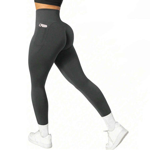 S Size Dark Grey Breathable High-Waist Ruched Butt-Lift Yoga Leggings - Dual Pockets & No Front T - LineNaked-Feel Performance Tights for Gym, Running & Pilates